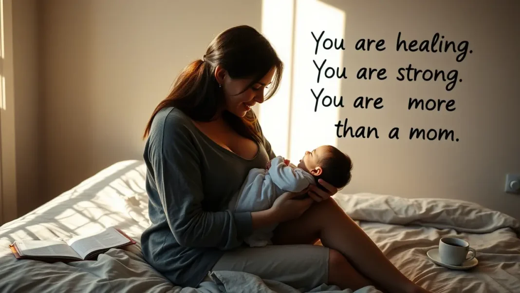 A powerful and emotional momimage capturing the raw yet beautiful reality of postpartum recovery. A new mother sits on the edge of her bed in soft, natural lighting—one side of her face illuminated by morning sunlight, the other in shadow, symbolizing both the joy and exhaustion of new motherhood. Her expression is a mix of love and vulnerability as she gazes at her newborn, wrapped snugly in her arms. Around her, subtle yet impactful details tell the story—an untouched cup of tea, an open postpartum journal, and a cozy yet slightly unmade bed, reflecting sleepless nights. In the background, an empowering message on the wall reads: “You are healing. You are strong. You are more than just a mom.”