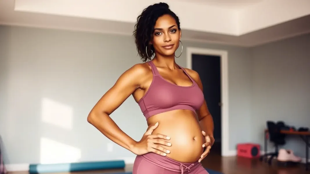 A new mom in athletic wear, standing confidently in front of a mirror, gently holding her core