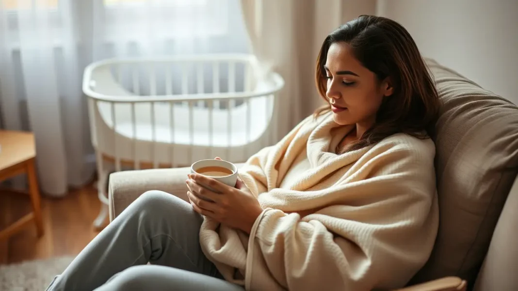 A new mom sitting on a cozy couch or by a softly lit window, wrapped in a light, neutral colored blanket, holding a warm cup of tea.