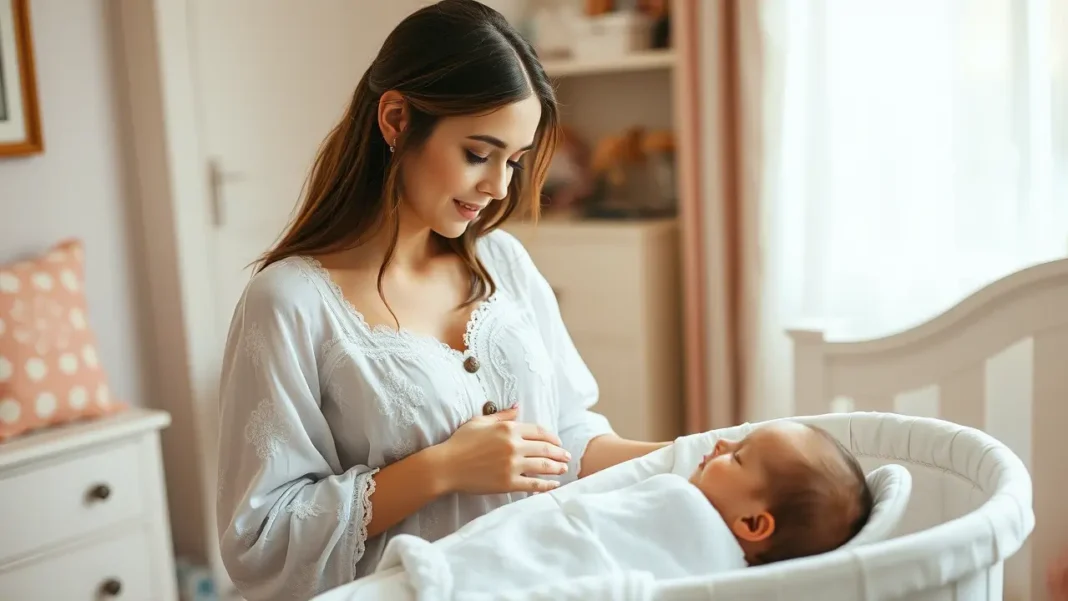 Mother looking at the new born weaering lactation gown
