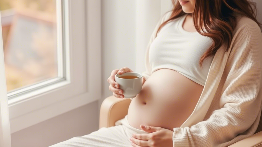 a new mom sitting near a window, holding a cup of herbal tea, looking calm and peaceful.
