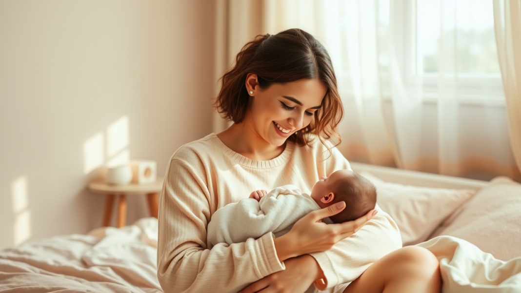 mother gently holding her newborn iwith a soft light shining through a window